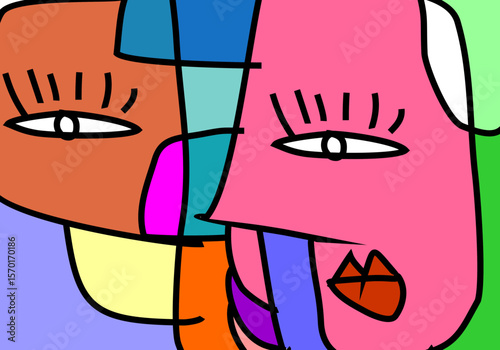 modern cubism illustration of abstract human faces merged into one composition.