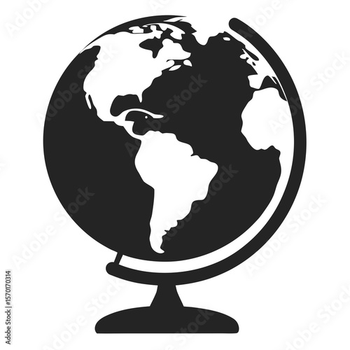 Black and white globe icon with continents world map