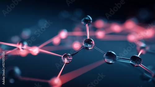 A dynamic molecular network concept with luminous pink connections linking clear atomic spheres over a deep blue backdrop, representing high-speed data transmission and cutting-edge nanoscience.
