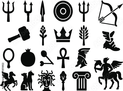 Ancient Mythology Icons. Bold Black Silhouettes of Greek and Roman Symbols, Gods, Goddess, Heroes and Legendary Objects in Solid Vector Style Editable Icon Set Collection.