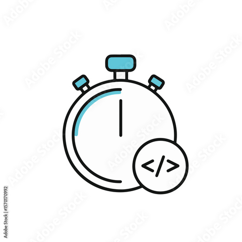A stopwatch icon represents time and code integration.