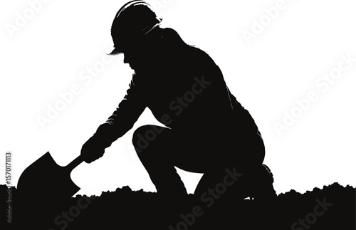 Worker woman with shovel for manual labor, construction work. Groundbreaking shovel miner woman wearing hardhat gear an working on a coal mine with sunlit flash. Manual worker working with shovel PNG