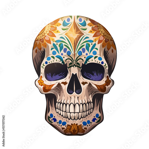Decorated Calavera Sugar Skull Artwork for Day of the Dead Celebration Black Background