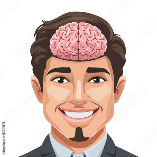 Man with brain exposed, smart, creative idea concept, intelligence, solutions, bright mind, thinking, success, strategy, cartoon style