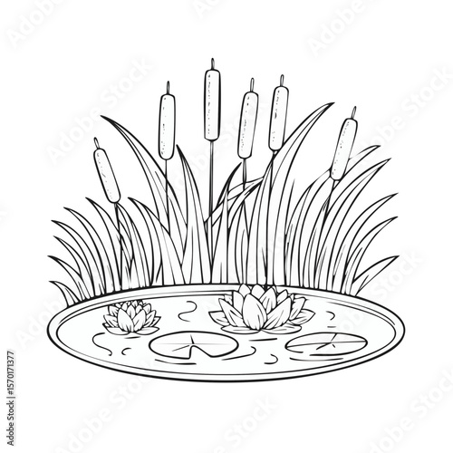Pond Scene with Lily Pads and Cattails Hand Drawn Illustration Black and White Line Art