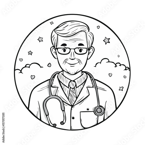 Illustration of Mature Doctor in Lab Coat and Stethoscope with Glasses in White Circle