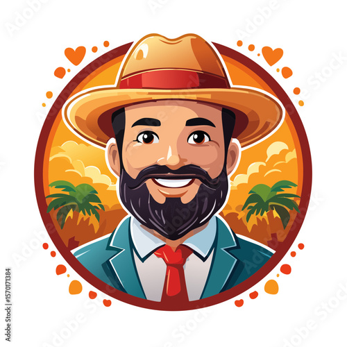 Cartoon businessman avatar illustration smiling man in suit with tropical background cartoon character for profile or social media