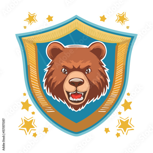 Cartoon Bear Mascot Roaring Shield with Stars Animal Character Graphic Element Design Badge Insignia Emblem Decoration