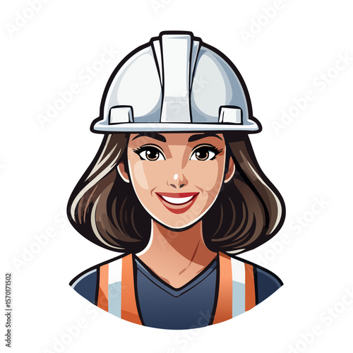 Cartoon female construction worker wearing hard hat and safety vest smiles.