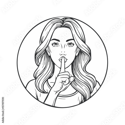 Woman portrait with finger on lips, silent gesture sketch style in circle
