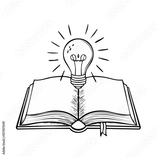 Education concept open book and glowing light bulb idea learning knowledge creativity innovation in black and white