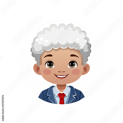 Smiling Boy Avatar with Gray Curly Hair in Suit and Red Tie Illustration