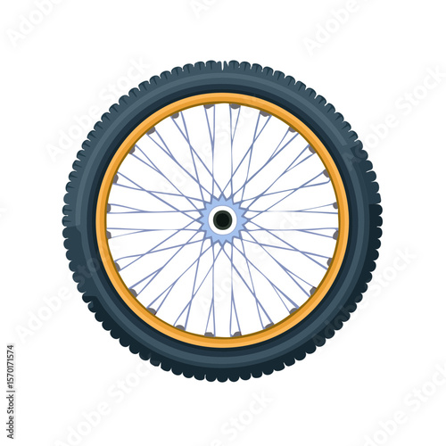 Cartoon bicycle wheel illustration with tire, rim, and spokes isolated against a black background.