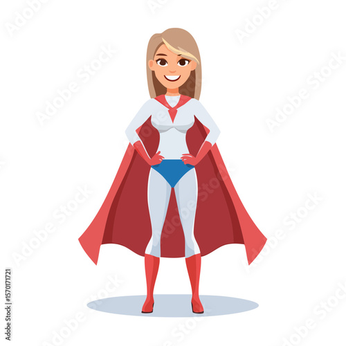 Cartoon woman superhero with blonde hair, red cape, and gloves stands smiling confidently illustration