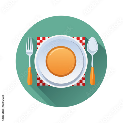 Served breakfast illustration plate on gingham tablecloth with fork and spoon flat icon