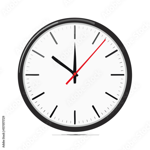 Analog wall clock with black frame, white face, and red second hand marking time