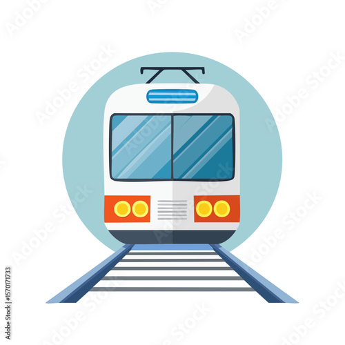 Modern train illustration on railway tracks against blue background transport subway and transportation urban travel concept