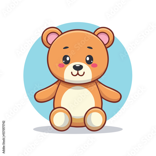 Cute Brown Teddy Bear Sitting Cartoon Illustration with Blue Background. Adorable Stuffed Animal Vector for Kids Design and Playful Concepts