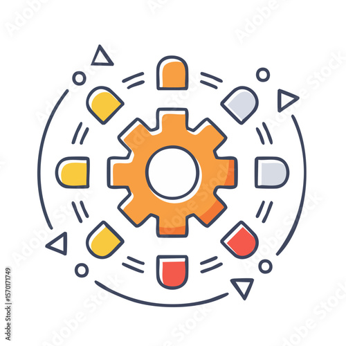 Abstract gear with orbiting shapes conveys mechanics, engineering or technical process concept
