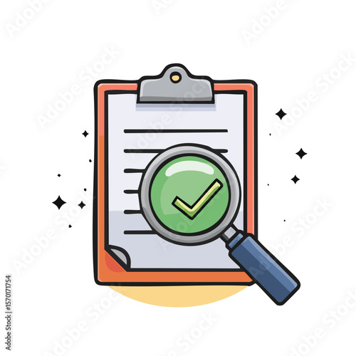Checklist review with magnifier illustration report document assessment inspection process verification task completion vector design