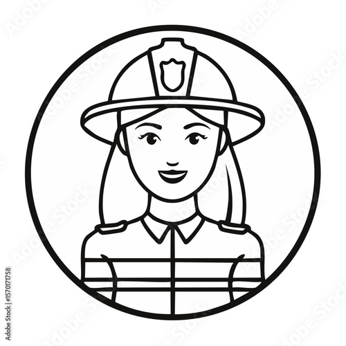 Female Firefighter Illustration Wearing Helmet Line Art Heroic Profession Safety