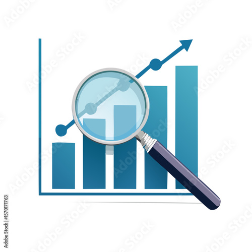 Analyzing bar graph data using a magnifying glass showing an upward trend in business and market growth and financial analysis