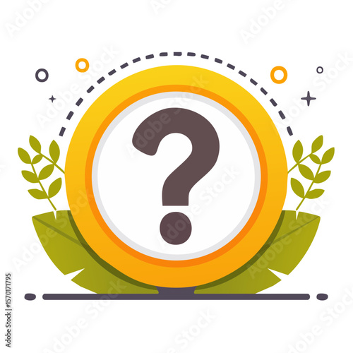 Stylized Question Mark in Gold Circle with Foliage Illustration Decision Making Concept