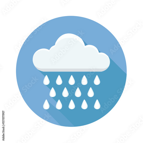 Rain cloud icon vector illustration of a single cumulus cloud with falling raindrops on a blue background.