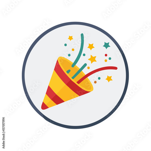 Celebration party popper with confetti and streamers for holiday or festive event in a flat design style