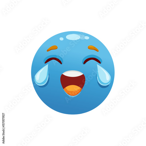 Joyful blue emoticon cartoon character with tears of laughter expressing amusement happiness and positive emotion on black background