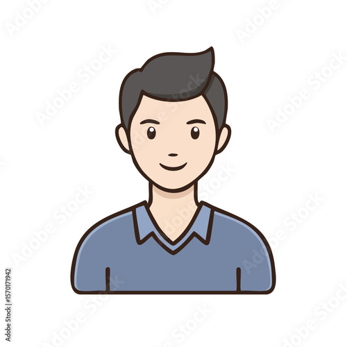 Illustration of a young man smiling wearing a blue shirt against black background
