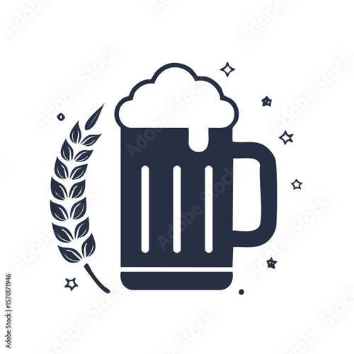 Vector Beer Mug Icon with Wheat Stalk and Star Accents, Dark Blue on Black
