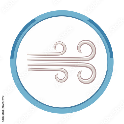 Wind icon within blue border - symbolic representation of breezy weather and natural forces in simple circular emblem.