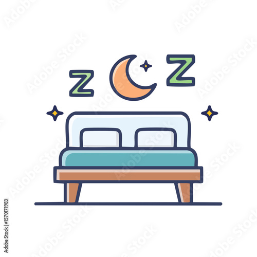 Cozy bed with moon stars and sleep zzzs illustration depicts bedroom rest relaxation and bedtime icon for restful night