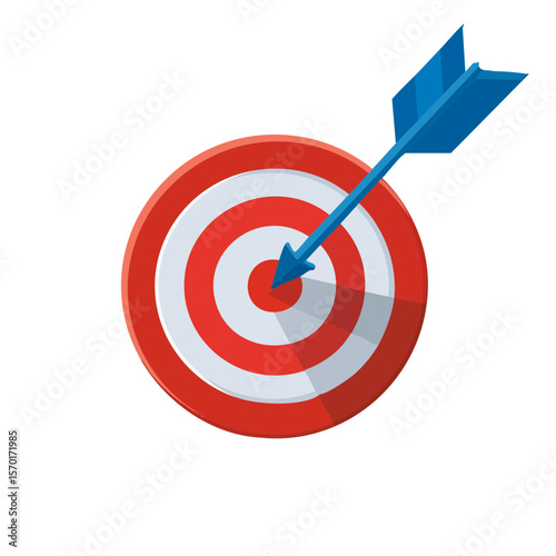 Arrow hits bullseye on red and white target on black background; concept of goals, business success and accuracy.