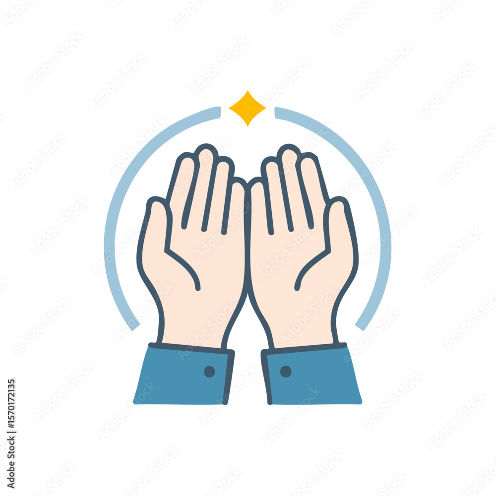 Obraz premium Praying hands vector illustration with shining star and blue circular detail on black background.