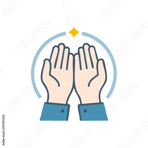 Praying hands vector illustration with shining star and blue circular detail on black background.