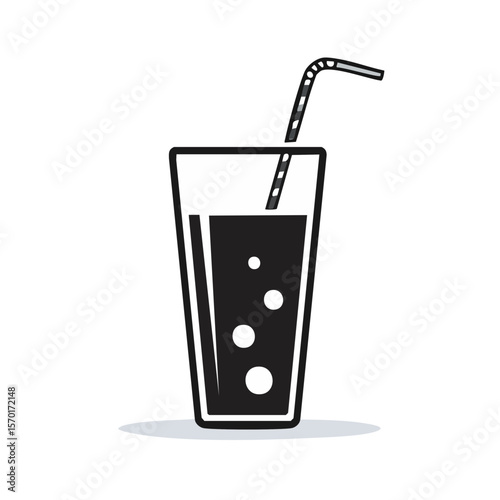 Fizzy drink illustration in black and white with bubbles and a straw icon graphic style