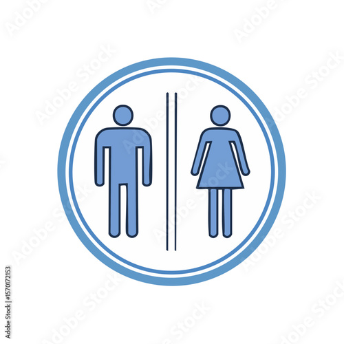Restroom sign featuring male and female icons within a blue circle for accessibility and identification purposes