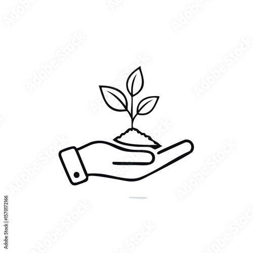 Hand Holding Plant, Growing Seedling Concept in Black and White Line Art