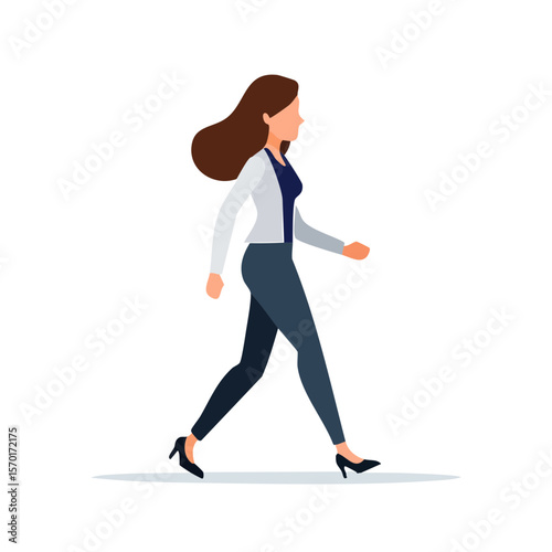 Animated woman walking sideways with business casual attire on black background. Elegant female side profile strolling in heels