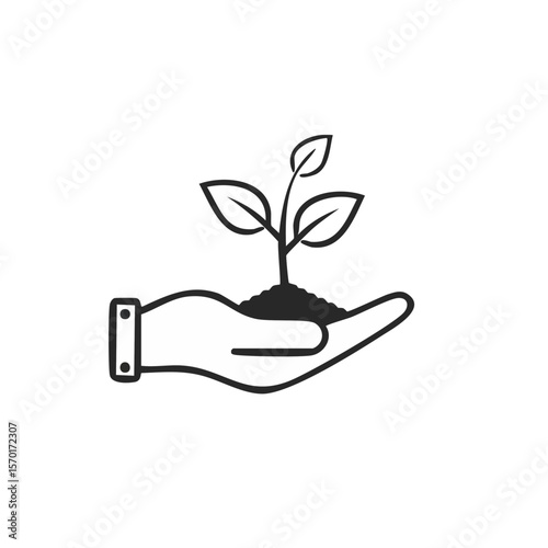 Hand Holding a Sapling: Planting, Growth, and Nurturing Theme in Simple Black and White Icon Style