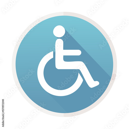 White Wheelchair Accessibility Sign on Light Blue Round Background with Shadow