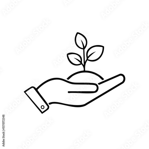 Hand Holding Sprout - Line Art Illustration of Growth and New Beginnings