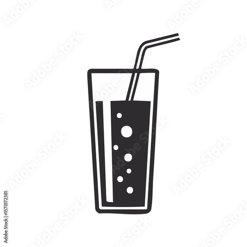 Refreshing tall glass with bubbles and straws beverage drink on black