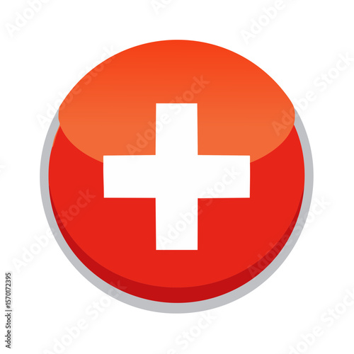 Round glossy icon featuring a white cross symbol on a red background emblem for medical healthcare assistance services