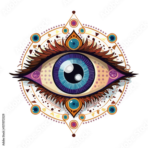 Mystical eye design graphic element illustration, vector art, fantasy artwork, ornate details, surreal, all seeing eye concept.