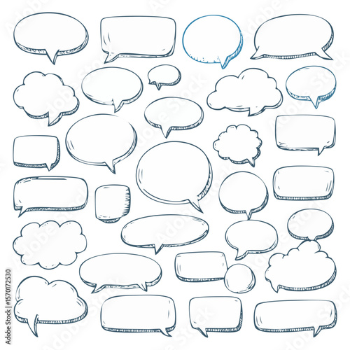 Doodle speech bubbles background. Hand-drawn communication cloud shapes on black backdrop