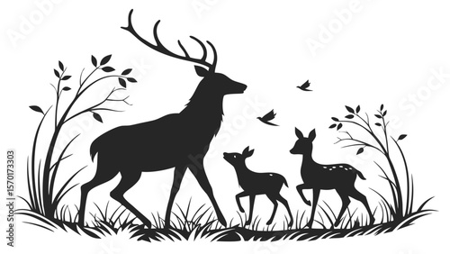 Majestic stag with fawn and young deer in a meadow with birds and trees isolated on white background