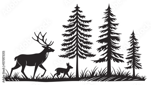 Majestic stag and fawn silhouette walking through pine forest with grass isolated on white background